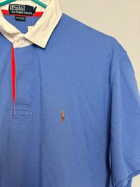 NWT Ralph Lauren Men’s Blue Polo Shirt with White Collar and Red Placket Vintage